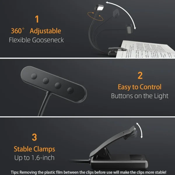 14Leds Book Light USB Rechargeable Reading Light Warm Cool White Daylight Portable Flexible Easy Clip Night Reading Lamp - Image 4