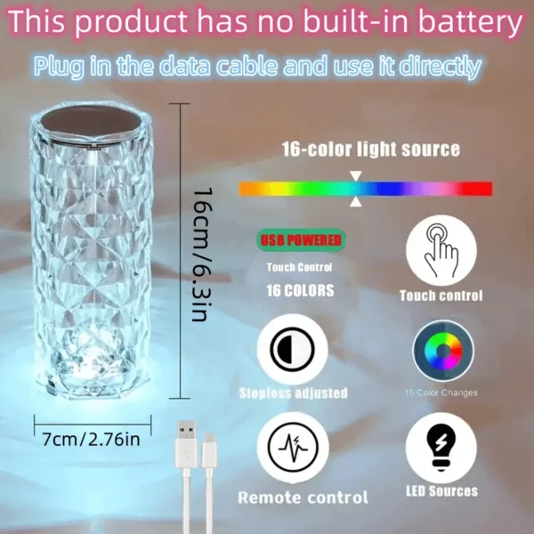 LED Night Light Crystal Touch Rose Table Lamp Rechargeable 16 Colour Romantic Table Lamp Bedroom Bedside Living Room Decoration - Image 5
